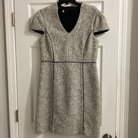 4 Collective Black/White Tweed Dress with Black Leather Piping, Size 12 - Picture 1 of 8